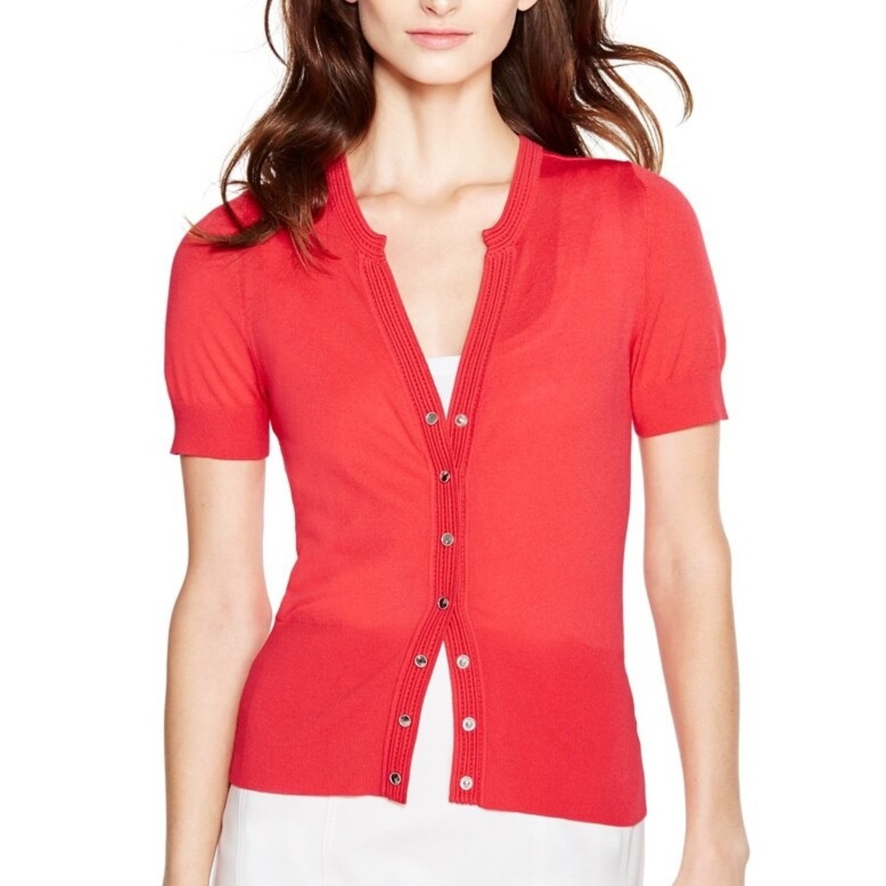 WHBM SHORT SLEEVE NOTCH NECK CARDIGAN